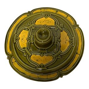 California Pottery USA Avocado Green and Harvest Gold Covered Serving Dish